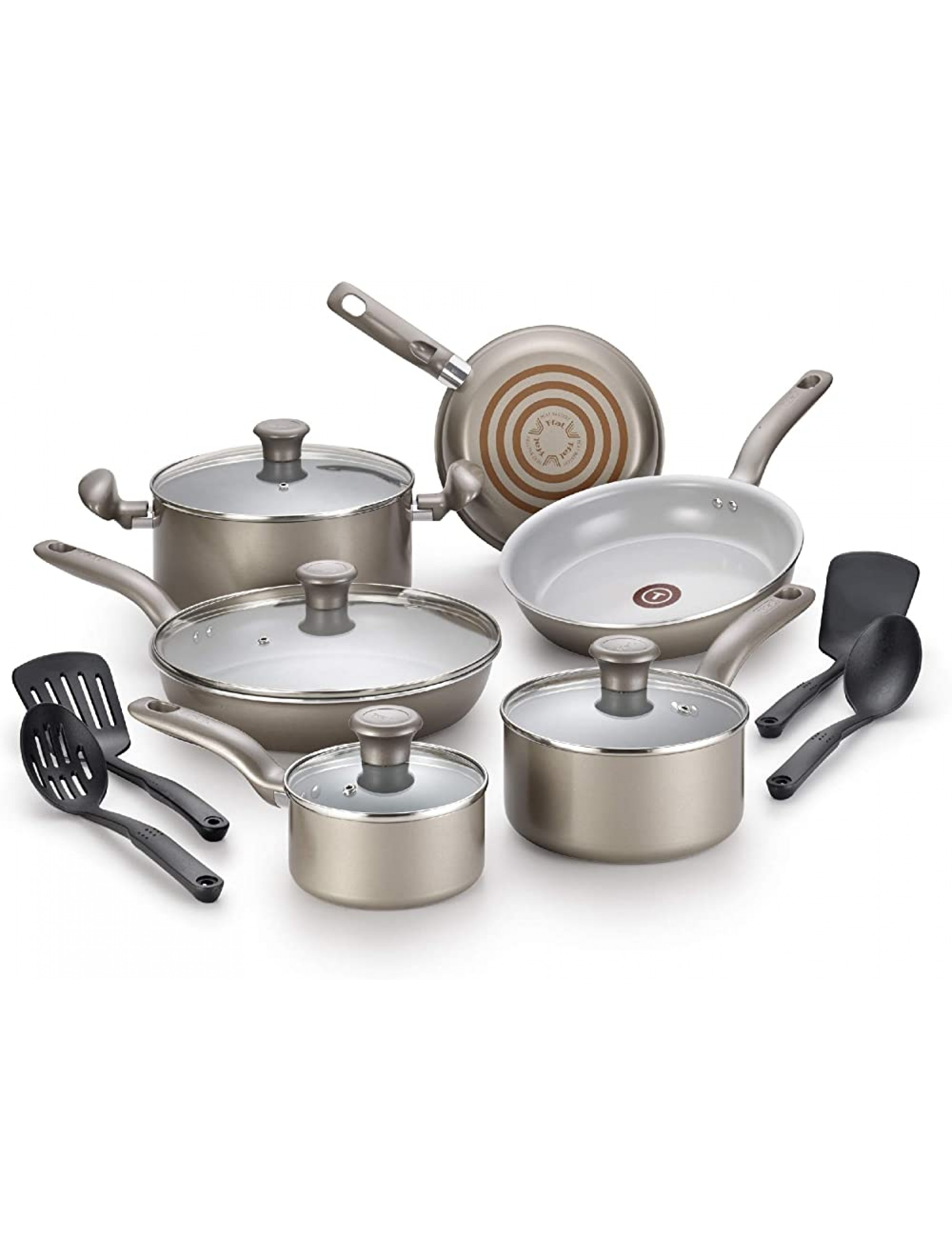 T-fal G919SE64 Initiatives Ceramic Nonstick Dishwasher Safe Toxic Free 14-Piece Cookware Set Gold - BXA8M3AY1