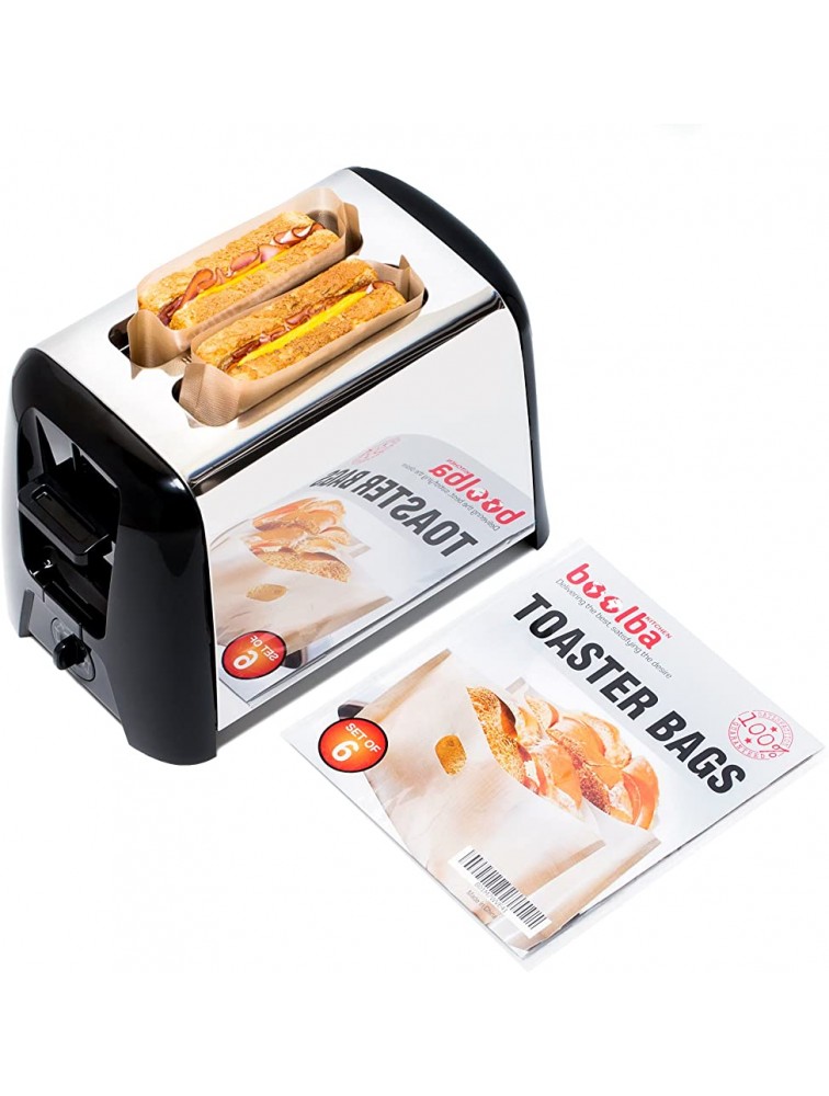 Toaster Bags Set of 6 by Boolba 100% Non Stick and Reusable Easy To Clean Perfect For Sandwiches Hot Dogs Chicken Fish Vegetables Panini & Garlic Toast - BE0VYD3EV