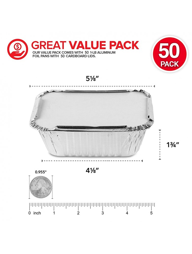 Aluminum Pans Take Out Containers 50 Pack 50 Foil Oblong Pans and 50 Cardboard Lids 1 Lb Tin Pans Disposable Food Storage Containers for Cooking Baking and Meal Prep - BAU57SE9T